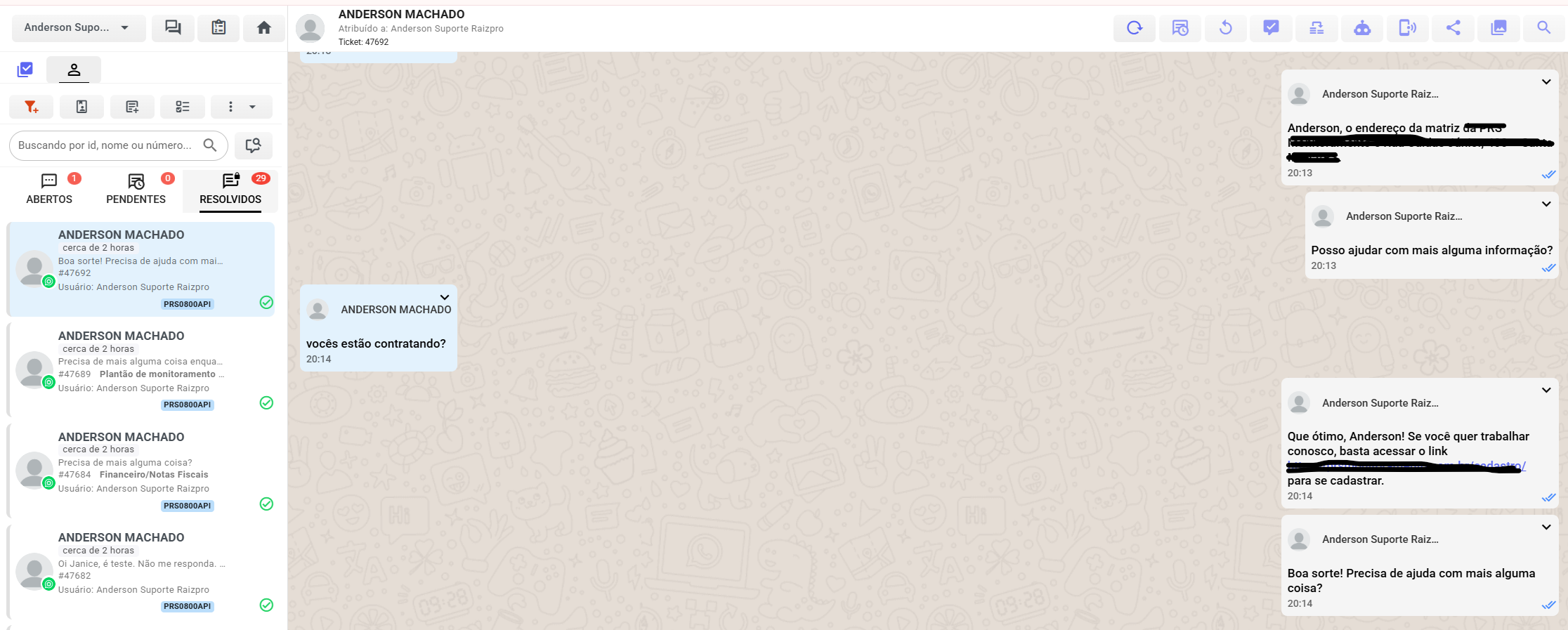 Lista de conversas e atendimento
